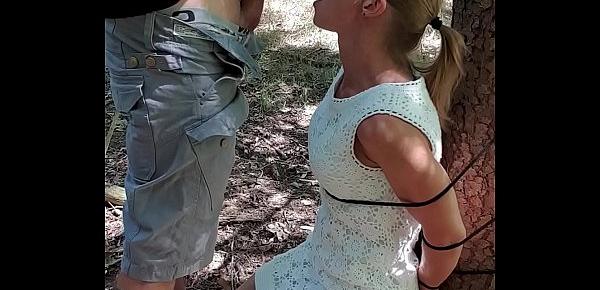  Belgian milf gets tied up in woods and sucks dick